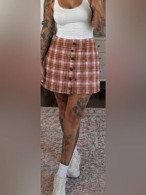 Preppy Anthropologie Pink and Brown Plaid Button-Front Mini Skirt